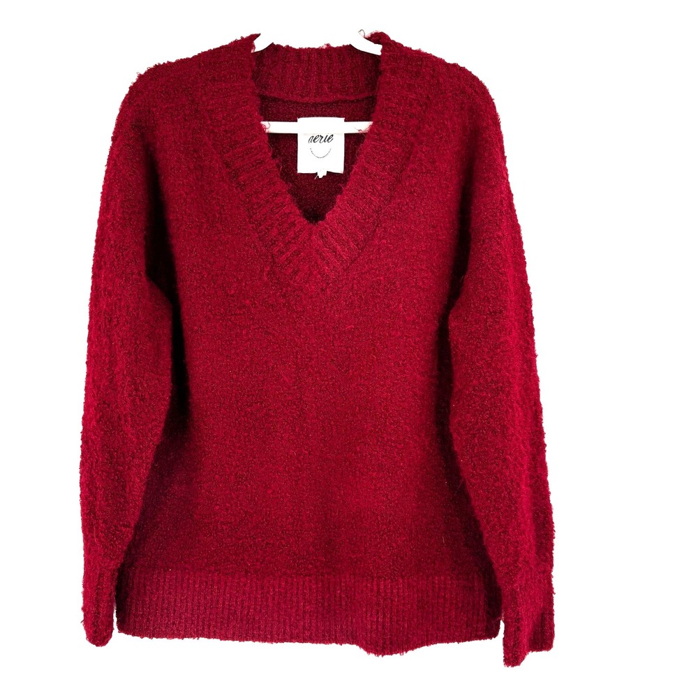 Aerie‎ Wool Blend Cozy Oversized Slouchy V-Neck Sweater Women's S/P Plush Fuzzy